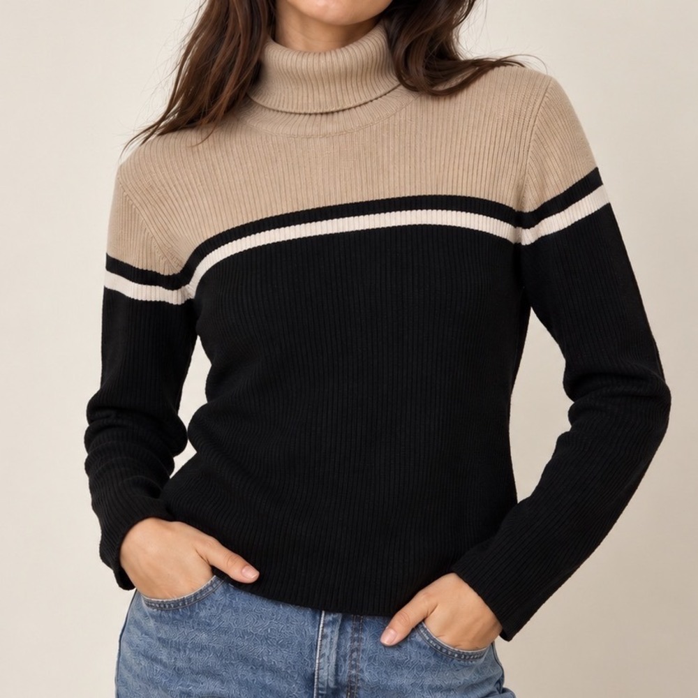 Vintage 90s Y2K Casual Corner Annex Turtleneck Sweater L Black Beige Colorblock